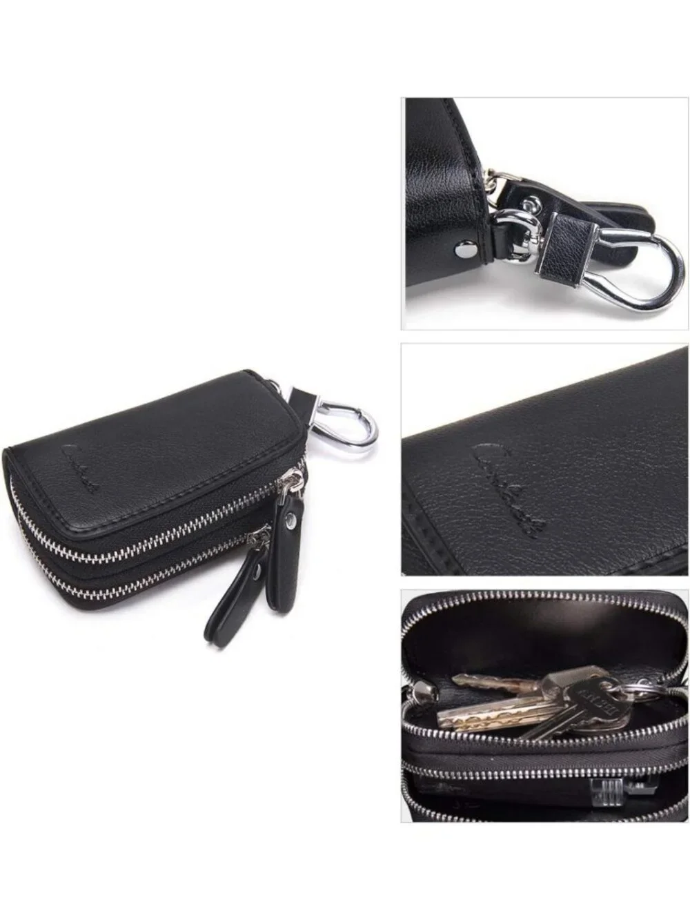 Stylish Small Leather Double Zipper Key Holder Case with 4 Keyrings - Key